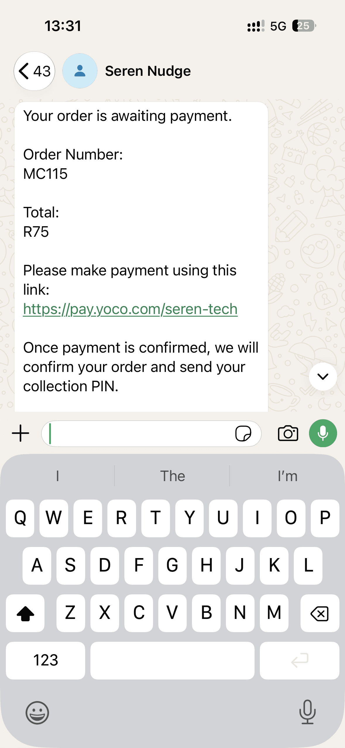 Seren Nudge WhatsApp ordering flow showing menu and order status messages